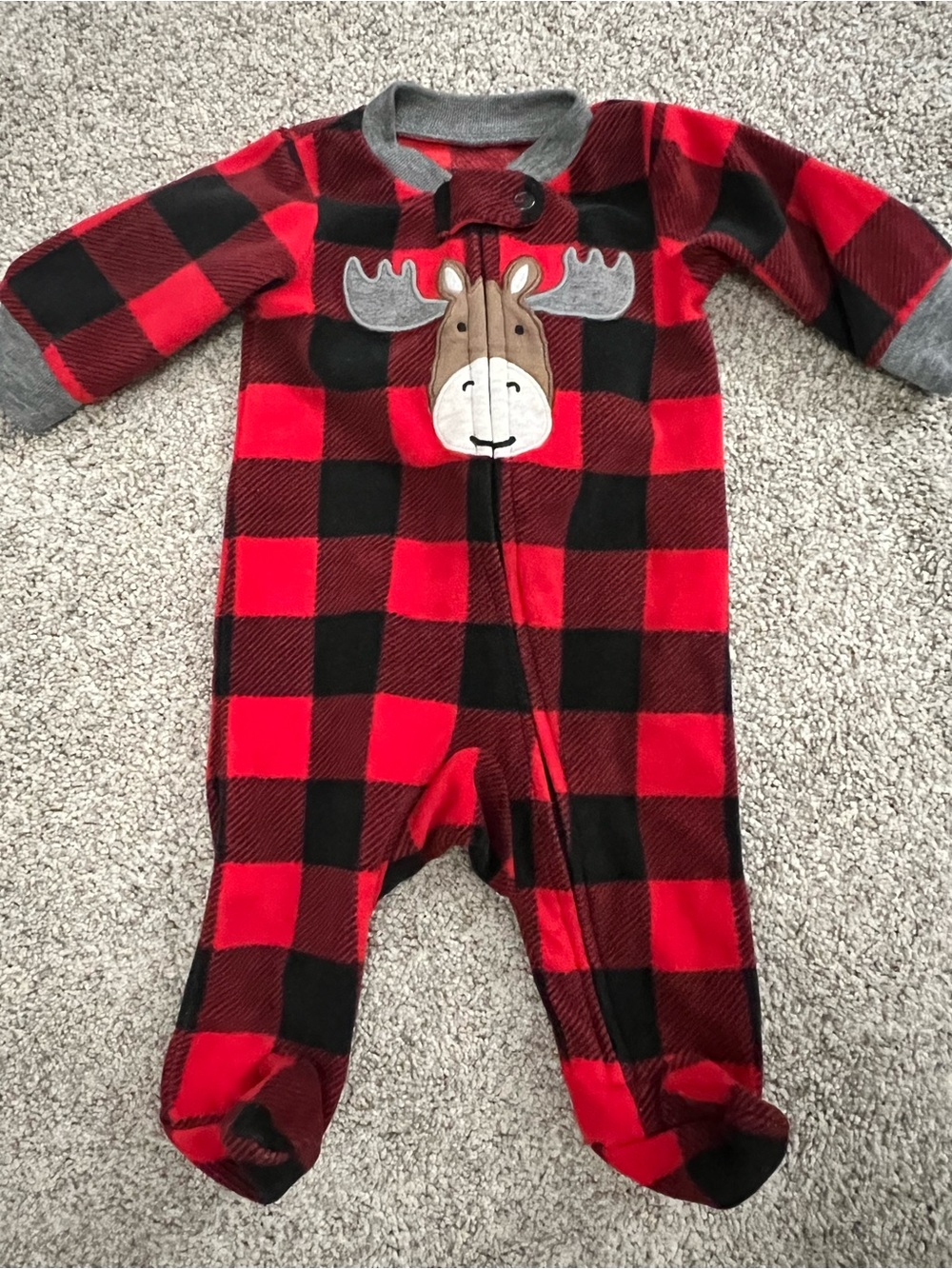 Carters Red & Black Buffalo Plaid Moose One-Piece Footed Pajamas Newborn